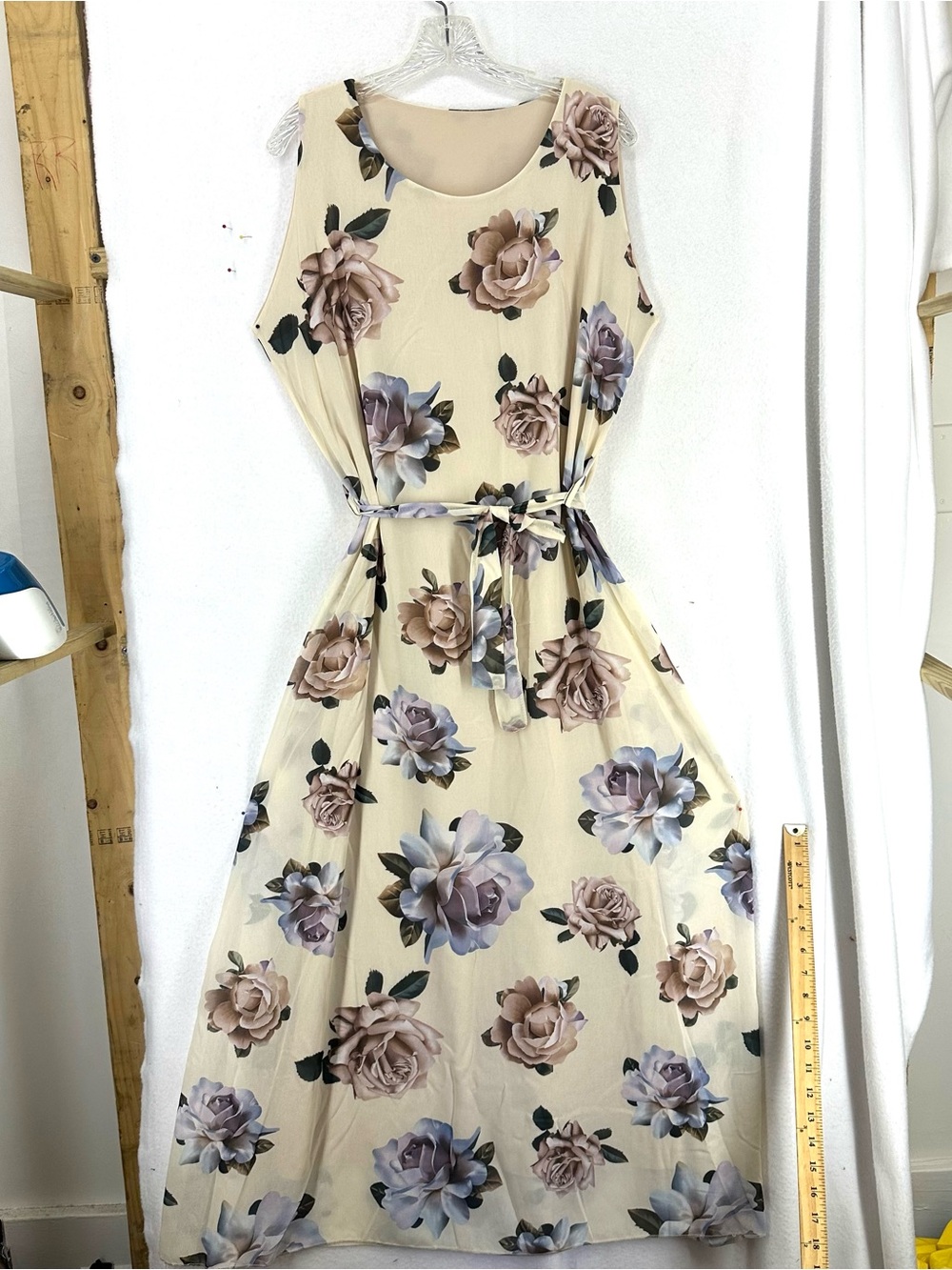Floral Maxi Dress Women’s XL Sleeveless Tie Waist Beige
